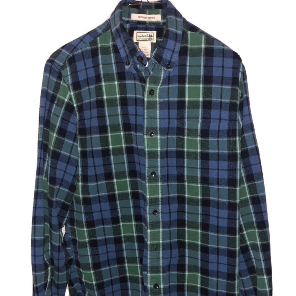 L.L. Bean Northwoods Blue Green Plaid Button Down Flannel Shirt Size SM-Reg